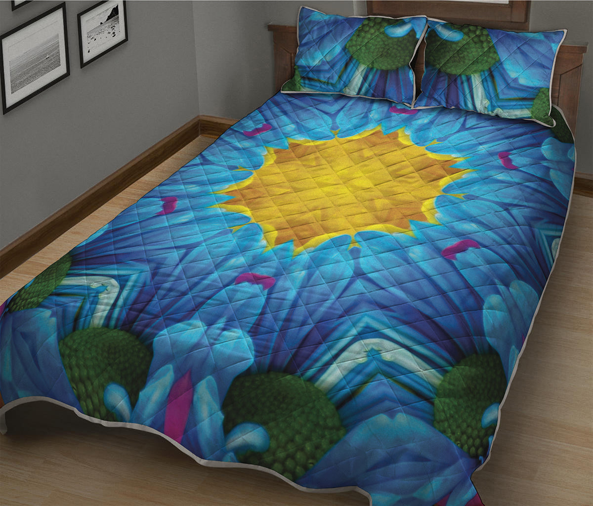 Blue And Pink Flowers Kaleidoscope Print Quilt Bed Set