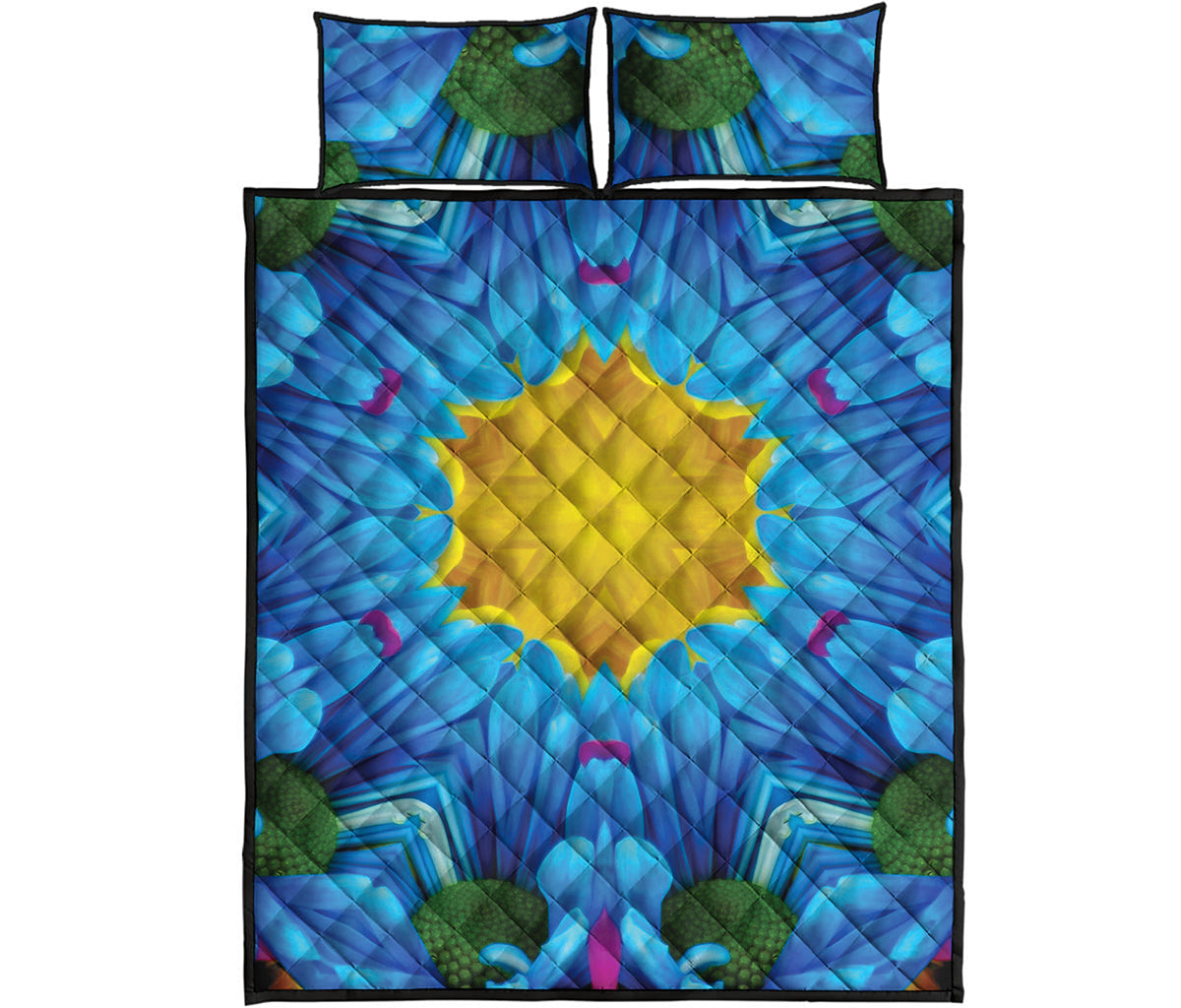 Blue And Pink Flowers Kaleidoscope Print Quilt Bed Set