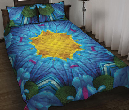 Blue And Pink Flowers Kaleidoscope Print Quilt Bed Set
