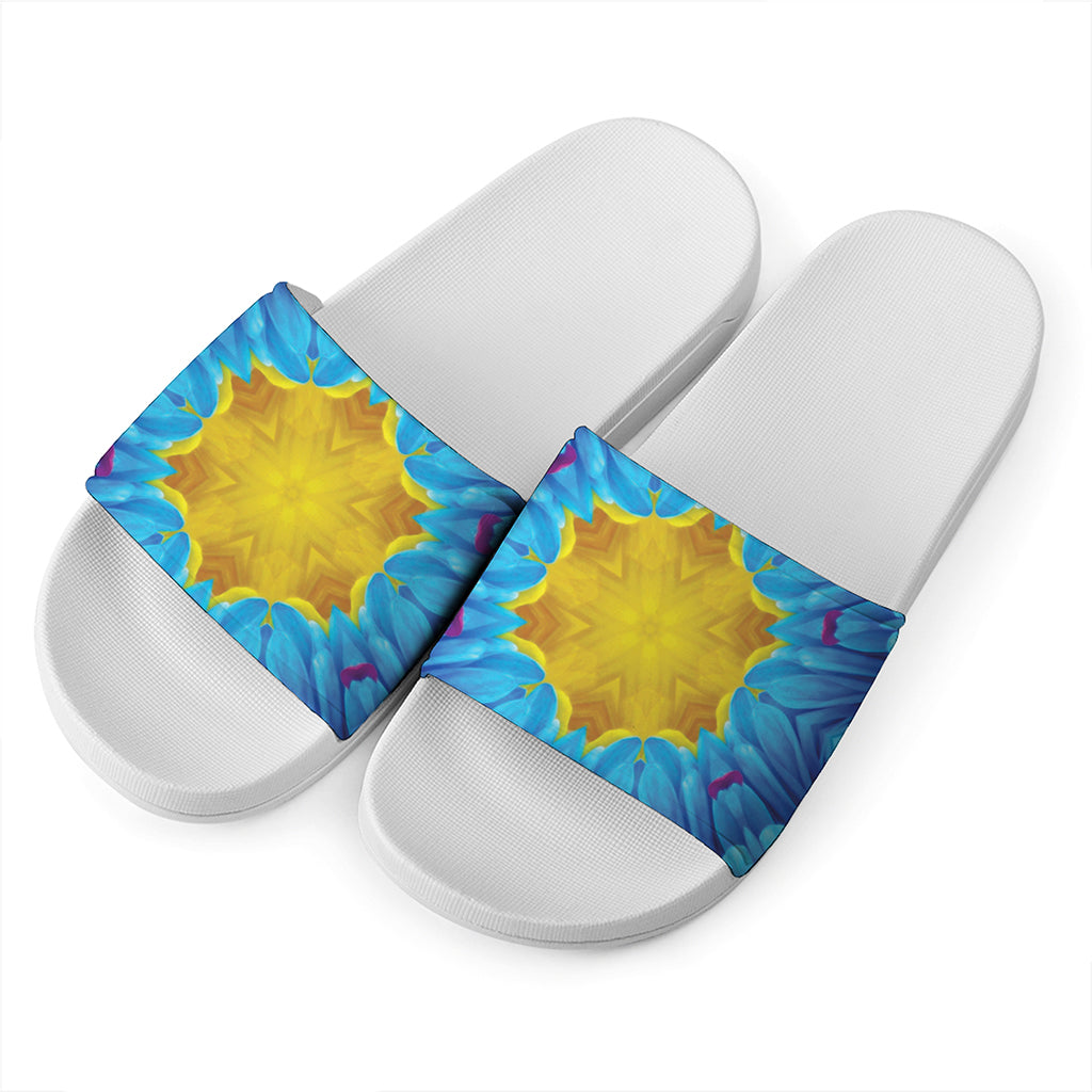 Blue And Pink Flowers Kaleidoscope Print White Slide Sandals