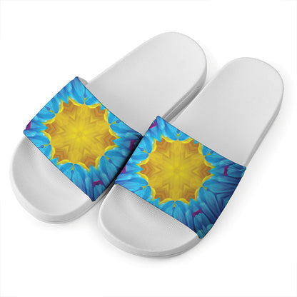 Blue And Pink Flowers Kaleidoscope Print White Slide Sandals