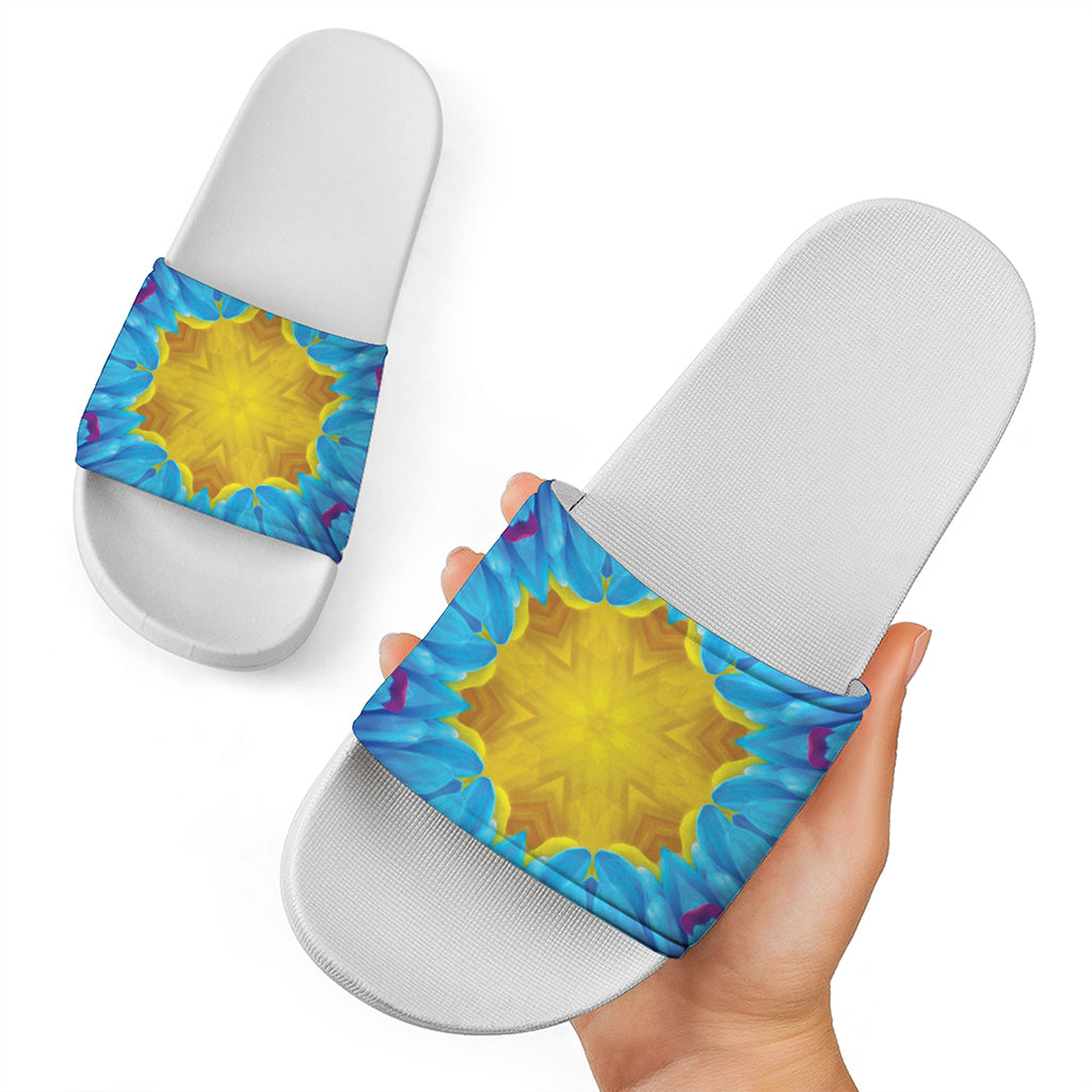 Blue And Pink Flowers Kaleidoscope Print White Slide Sandals