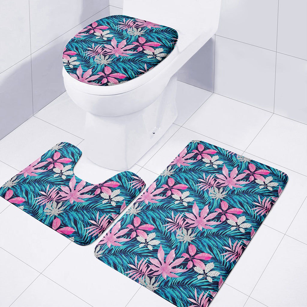 Blue And Pink Watercolor Hawaiian Print 3 Piece Bath Mat Set