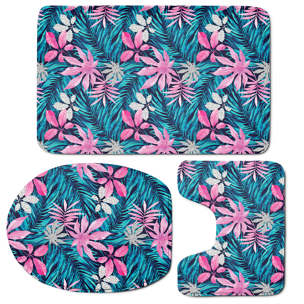 Blue And Pink Watercolor Hawaiian Print 3 Piece Bath Mat Set