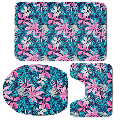 Blue And Pink Watercolor Hawaiian Print 3 Piece Bath Mat Set