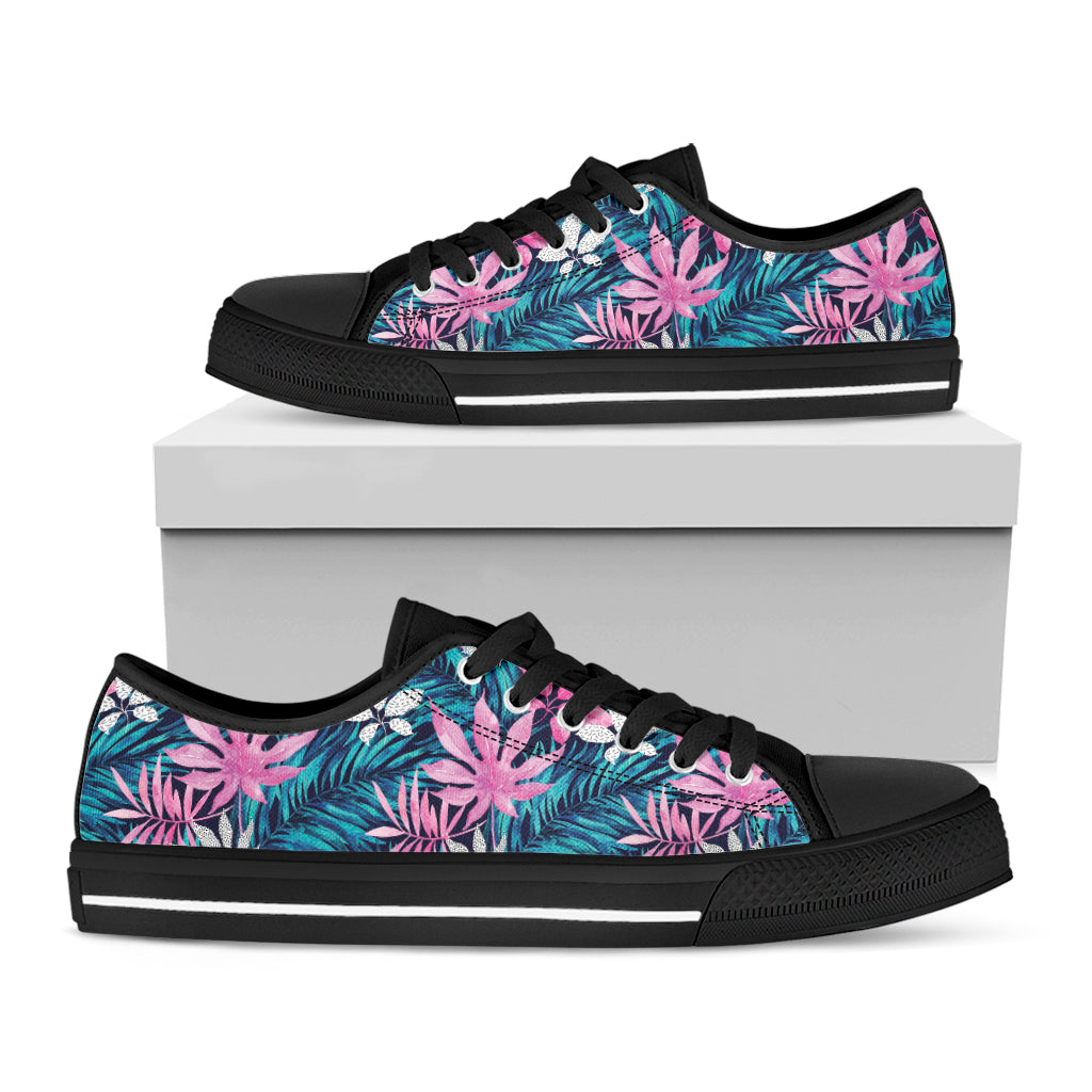 Blue And Pink Watercolor Hawaiian Print Black Low Top Shoes