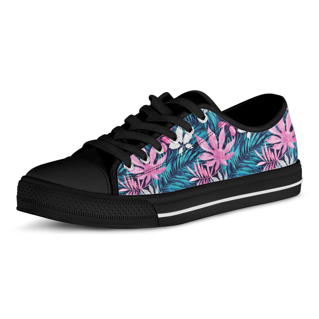 Blue And Pink Watercolor Hawaiian Print Black Low Top Shoes