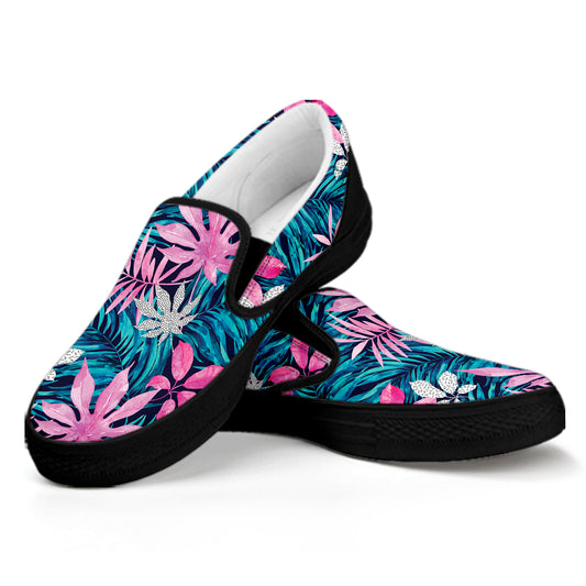 Blue And Pink Watercolor Hawaiian Print Black Slip On Shoes