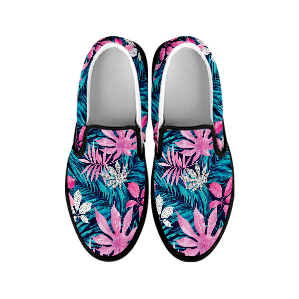 Blue And Pink Watercolor Hawaiian Print Black Slip On Shoes