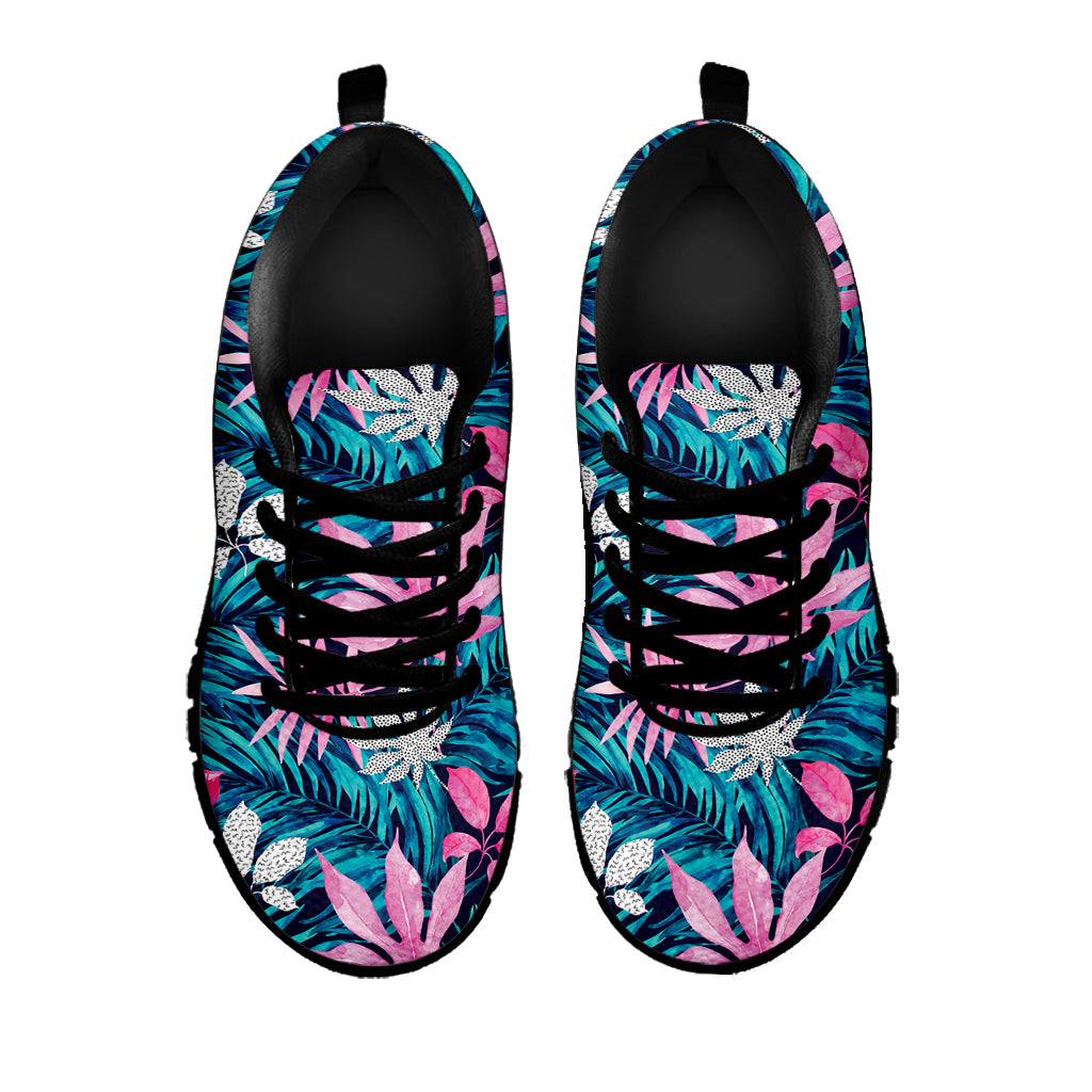Blue And Pink Watercolor Hawaiian Print Black Sneakers