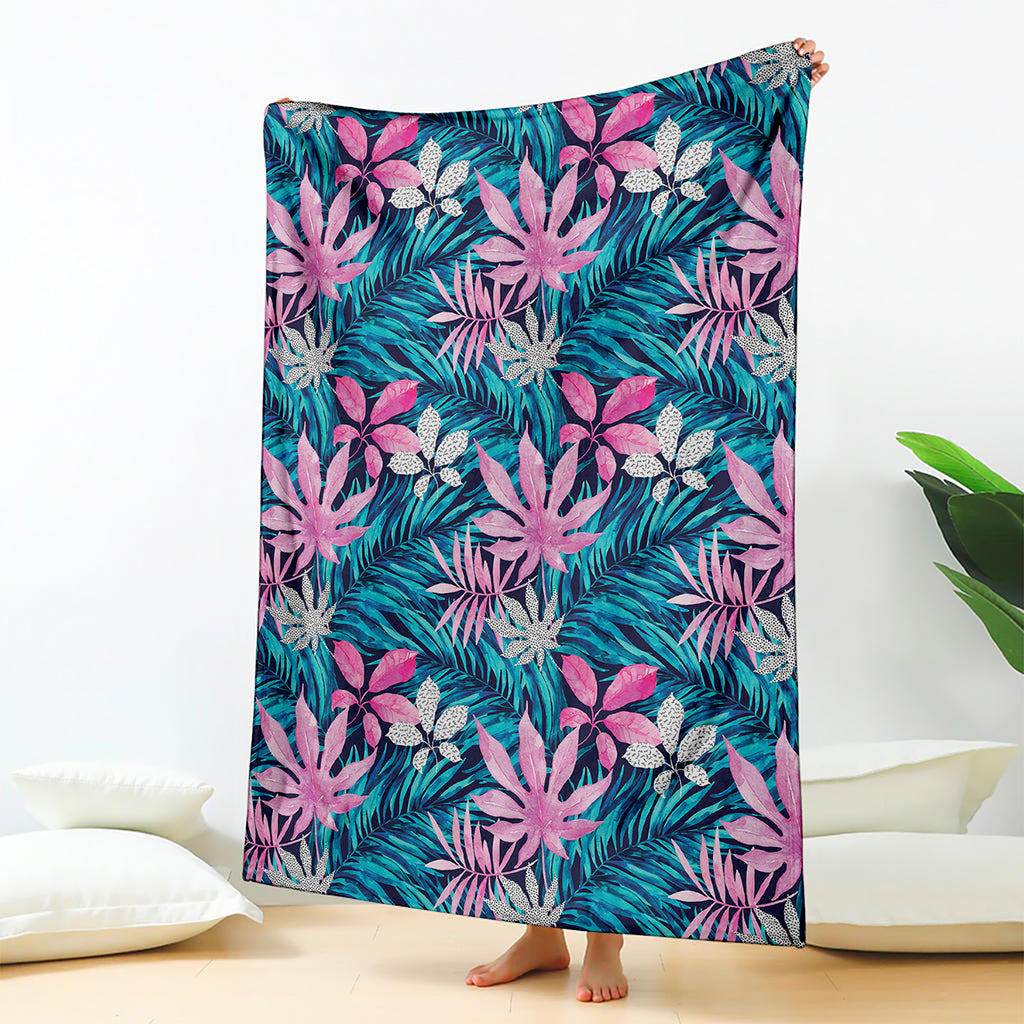 Blue And Pink Watercolor Hawaiian Print Blanket