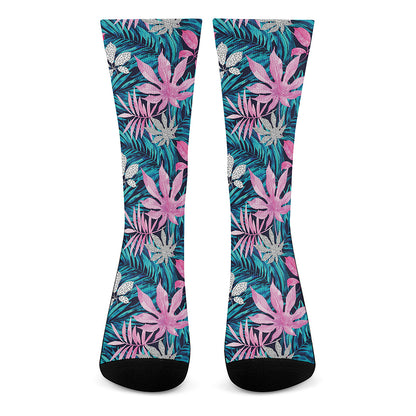 Blue And Pink Watercolor Hawaiian Print Crew Socks