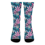 Blue And Pink Watercolor Hawaiian Print Crew Socks