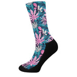 Blue And Pink Watercolor Hawaiian Print Crew Socks