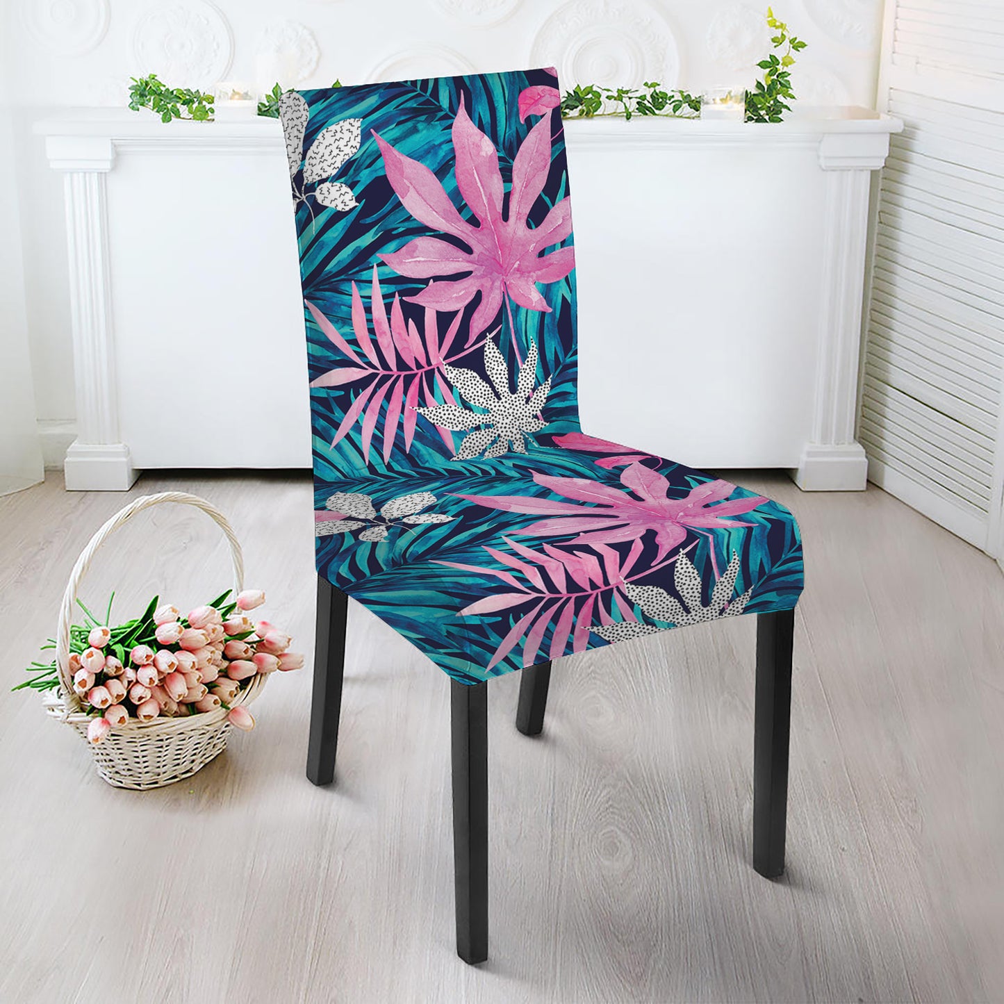 Blue And Pink Watercolor Hawaiian Print Dining Chair Slipcover