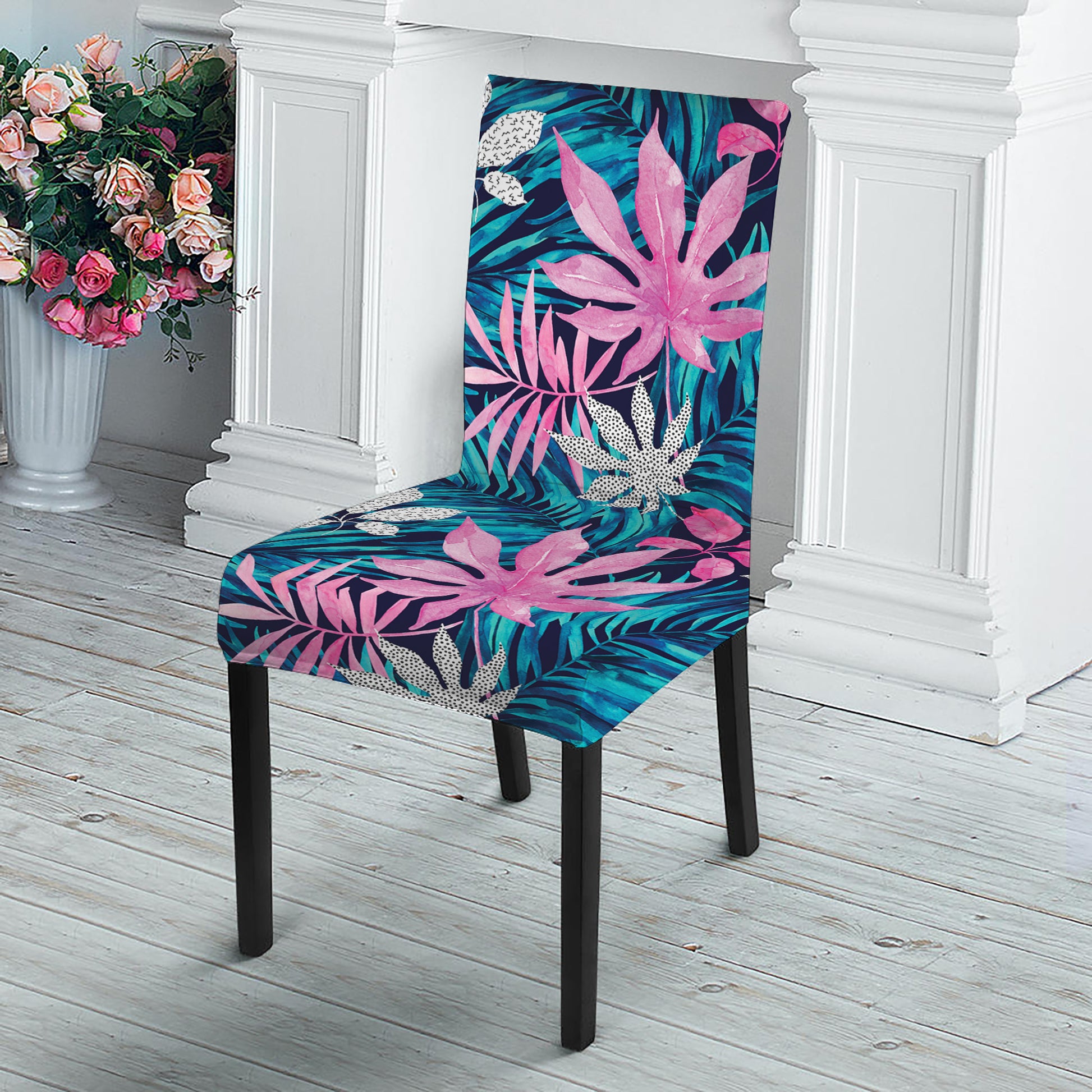 Blue And Pink Watercolor Hawaiian Print Dining Chair Slipcover