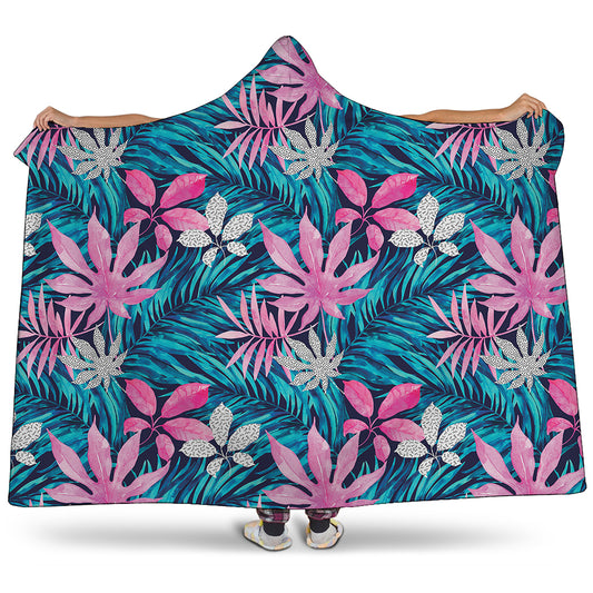 Blue And Pink Watercolor Hawaiian Print Hooded Blanket