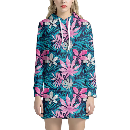 Blue And Pink Watercolor Hawaiian Print Hoodie Dress