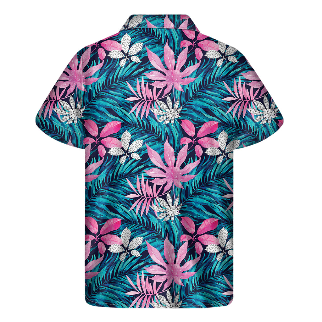 Blue And Pink Watercolor Hawaiian Print Men's Short Sleeve Shirt