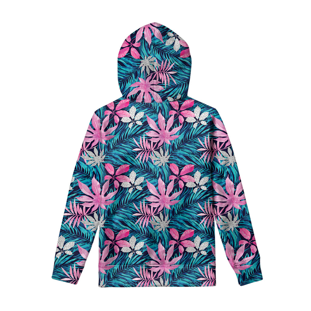 Blue And Pink Watercolor Hawaiian Print Pullover Hoodie