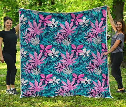 Blue And Pink Watercolor Hawaiian Print Quilt