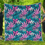 Blue And Pink Watercolor Hawaiian Print Quilt