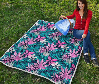 Blue And Pink Watercolor Hawaiian Print Quilt