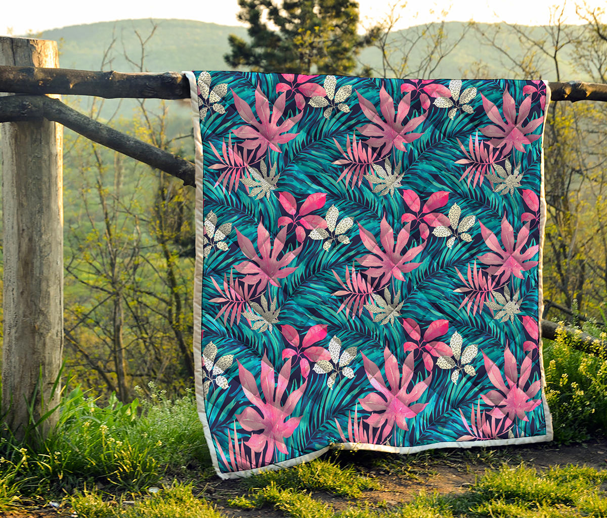 Blue And Pink Watercolor Hawaiian Print Quilt