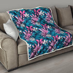 Blue And Pink Watercolor Hawaiian Print Quilt