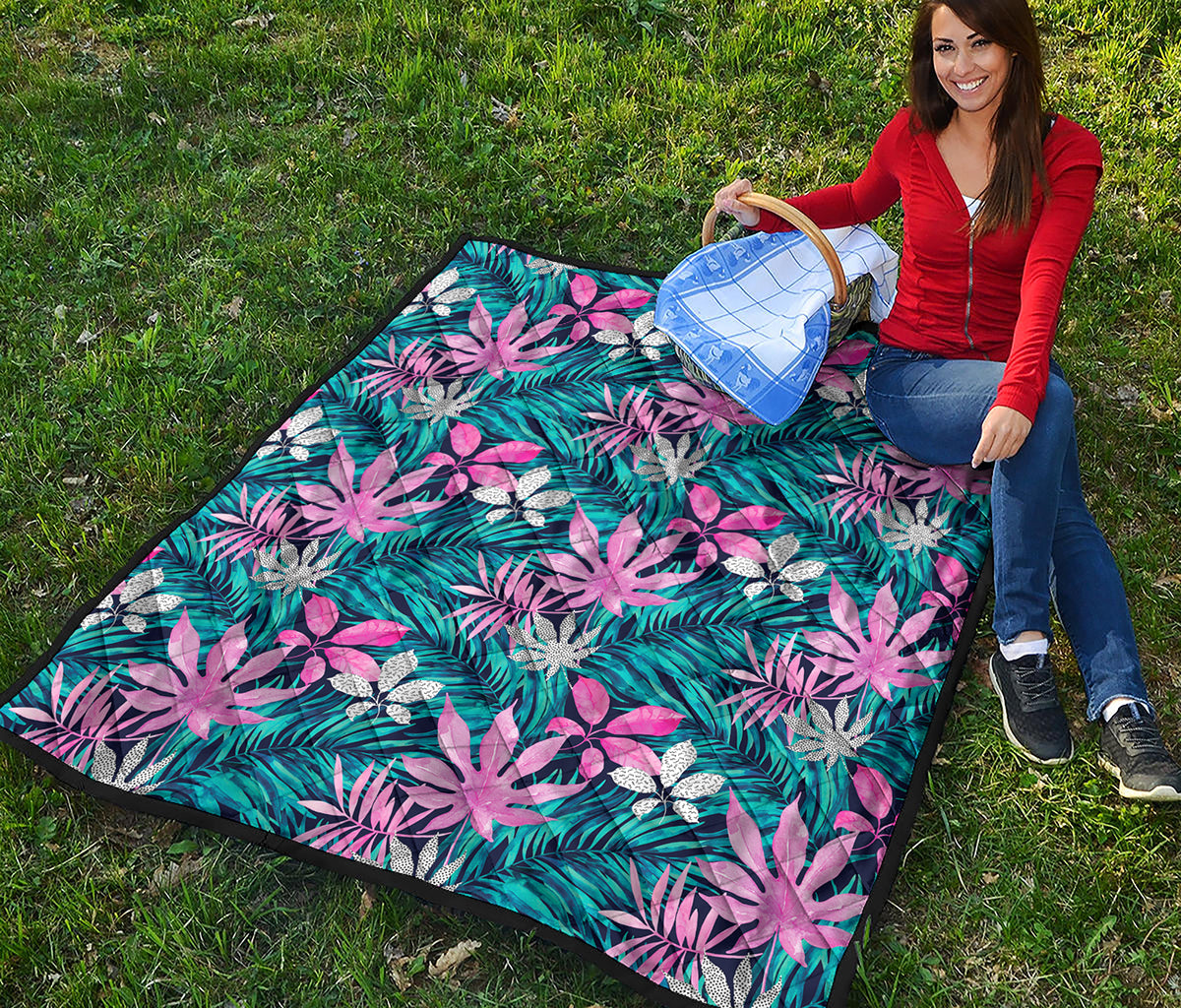 Blue And Pink Watercolor Hawaiian Print Quilt