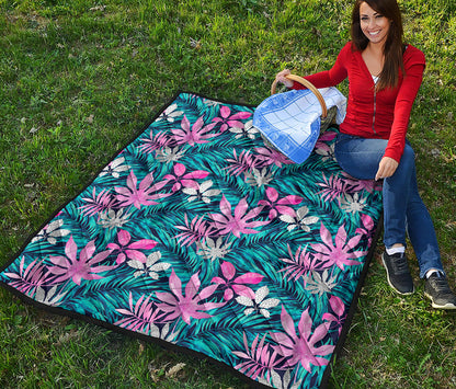 Blue And Pink Watercolor Hawaiian Print Quilt