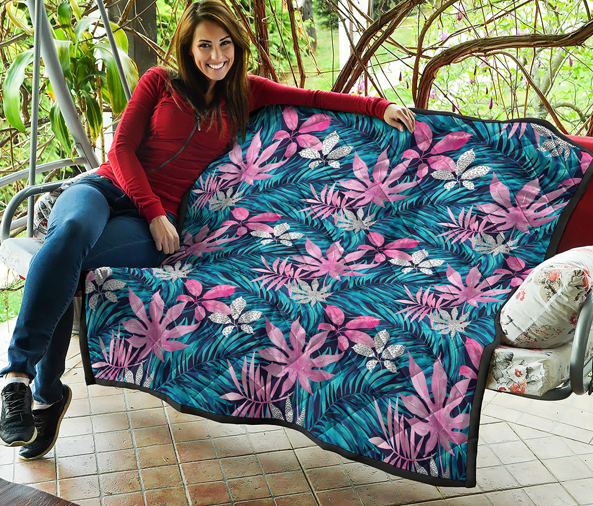 Blue And Pink Watercolor Hawaiian Print Quilt