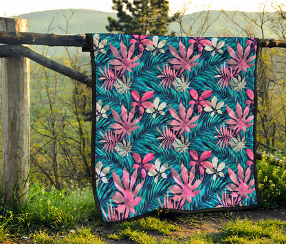 Blue And Pink Watercolor Hawaiian Print Quilt