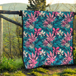 Blue And Pink Watercolor Hawaiian Print Quilt