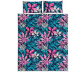 Blue And Pink Watercolor Hawaiian Print Quilt Bed Set