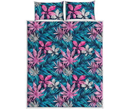 Blue And Pink Watercolor Hawaiian Print Quilt Bed Set