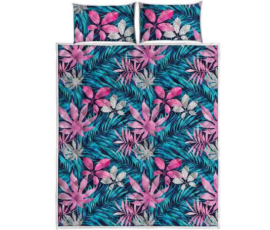 Blue And Pink Watercolor Hawaiian Print Quilt Bed Set