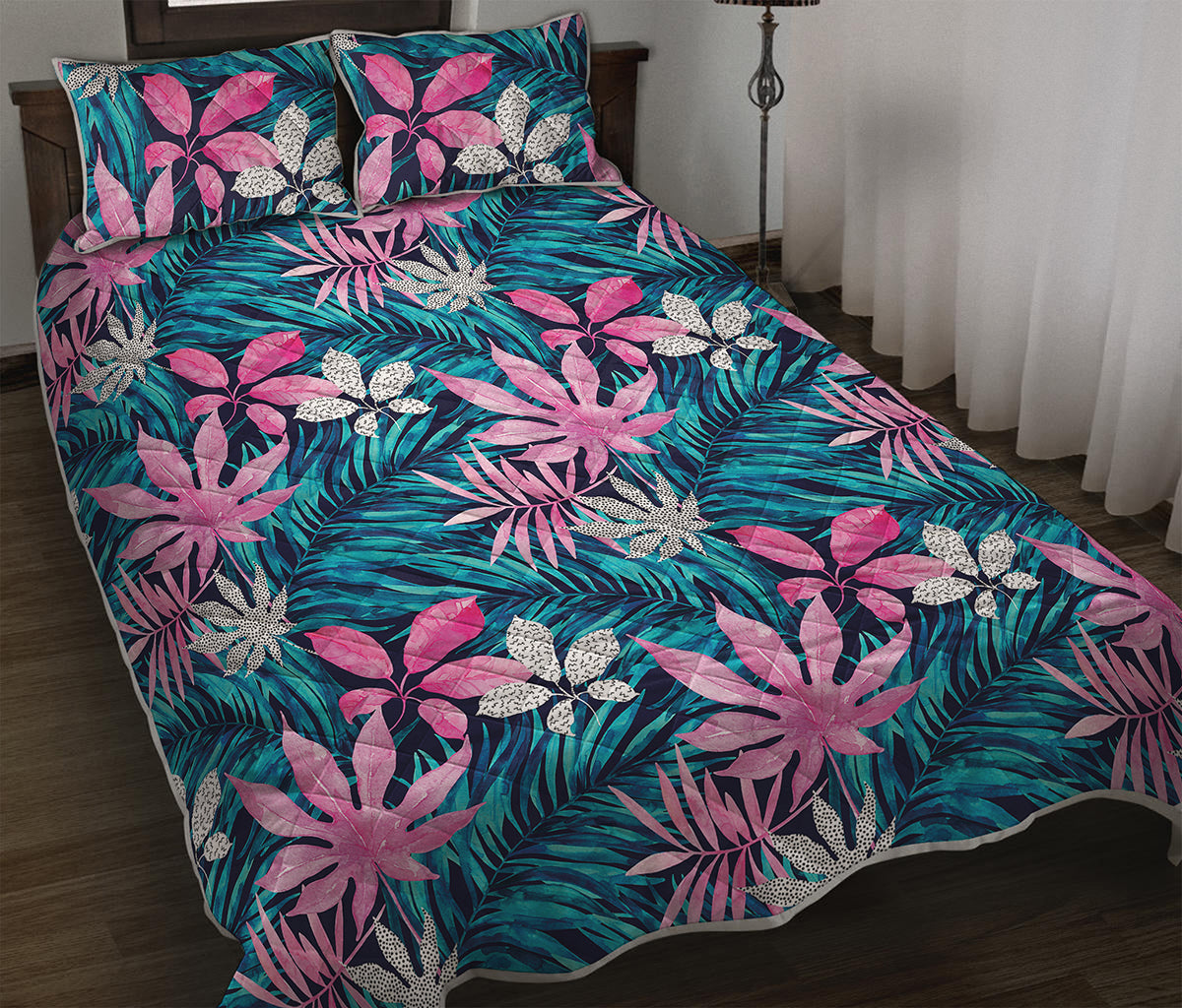 Blue And Pink Watercolor Hawaiian Print Quilt Bed Set