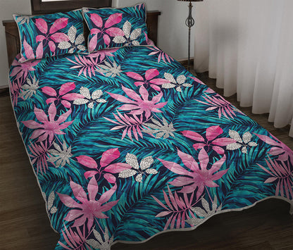 Blue And Pink Watercolor Hawaiian Print Quilt Bed Set