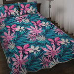Blue And Pink Watercolor Hawaiian Print Quilt Bed Set
