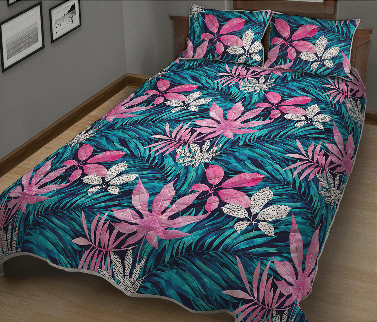 Blue And Pink Watercolor Hawaiian Print Quilt Bed Set