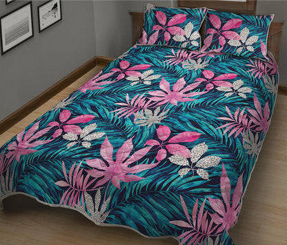Blue And Pink Watercolor Hawaiian Print Quilt Bed Set
