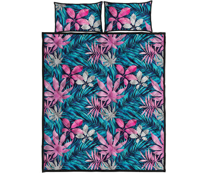 Blue And Pink Watercolor Hawaiian Print Quilt Bed Set