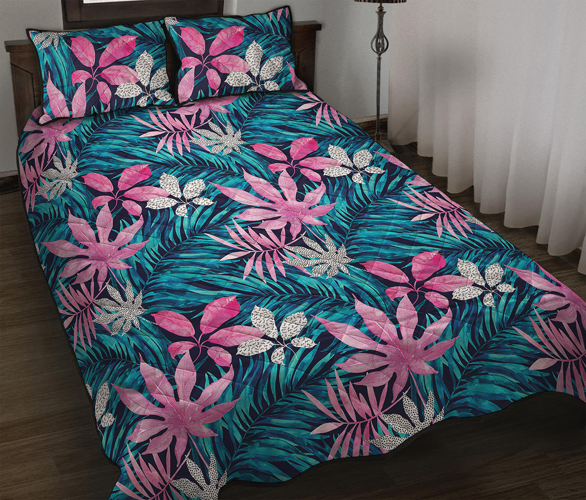 Blue And Pink Watercolor Hawaiian Print Quilt Bed Set