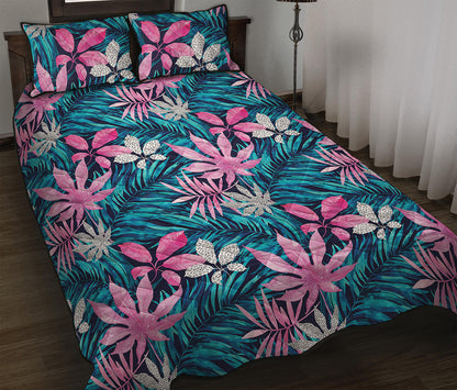 Blue And Pink Watercolor Hawaiian Print Quilt Bed Set