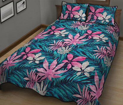 Blue And Pink Watercolor Hawaiian Print Quilt Bed Set