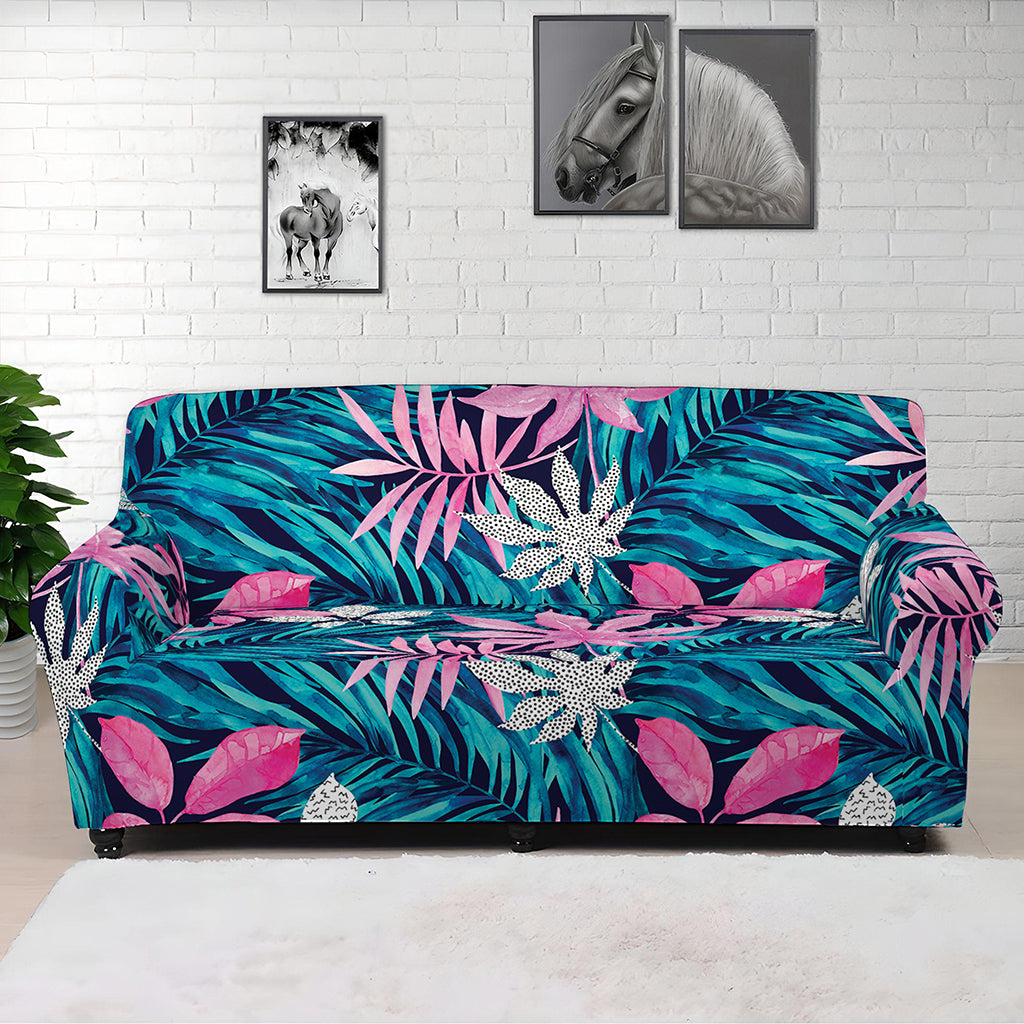 Blue And Pink Watercolor Hawaiian Print Sofa Cover