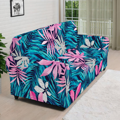 Blue And Pink Watercolor Hawaiian Print Sofa Cover
