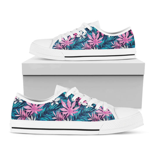 Blue And Pink Watercolor Hawaiian Print White Low Top Shoes