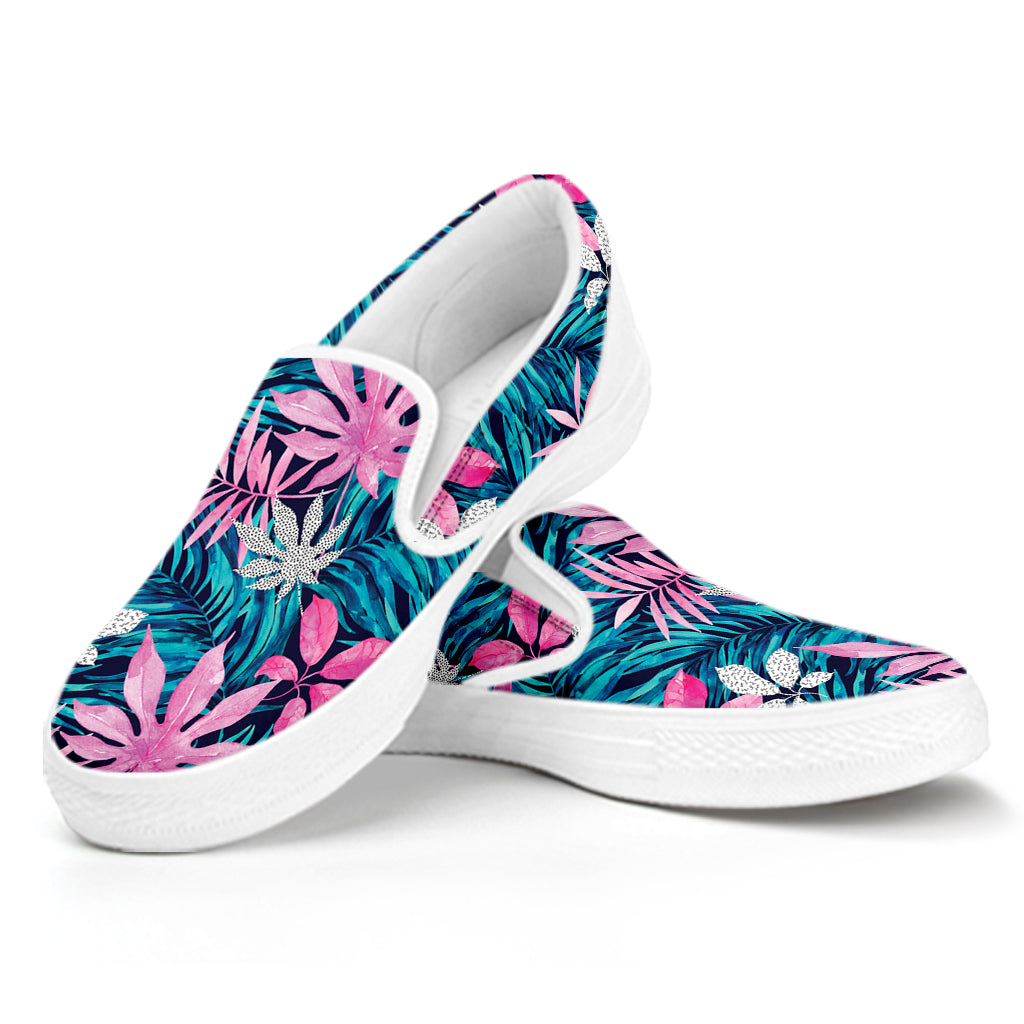 Blue And Pink Watercolor Hawaiian Print White Slip On Shoes